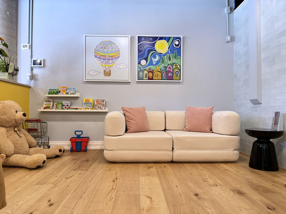 Two Seater Flow Sofa Bed, White Fine Weave at Pinocchio Play Cafe