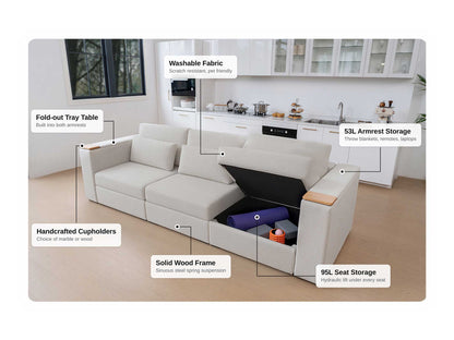 Smart Sofa 4.0 feature diagram: 95L seat storage with hydraulic lift, 53L armrest storage, fold-out tray tables, handcrafted cupholders, washable scratch resistant fabric, solid wood frame
