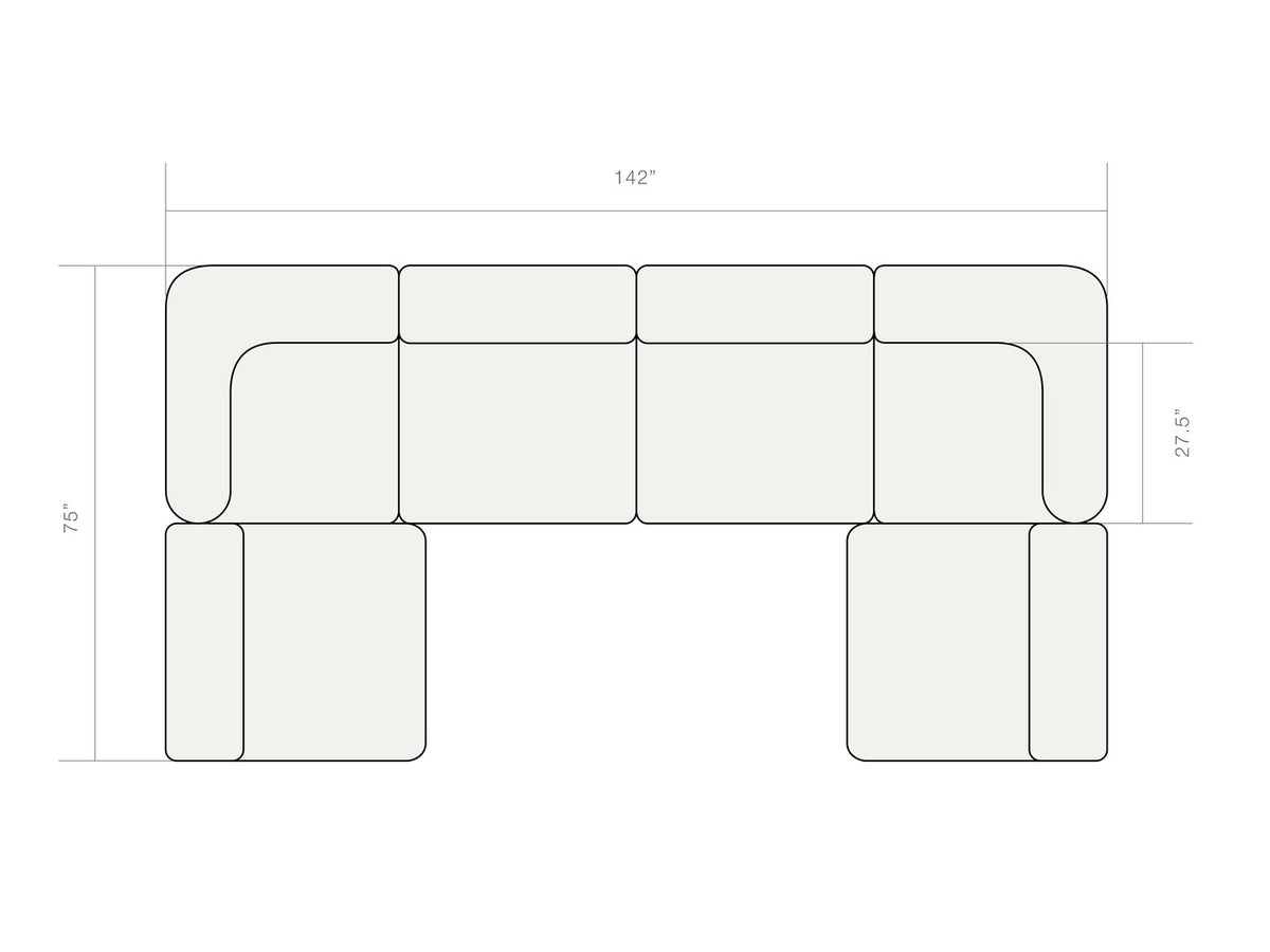 Dimension diagram of the Rezy Flow four-seater sectional, u shape, top view