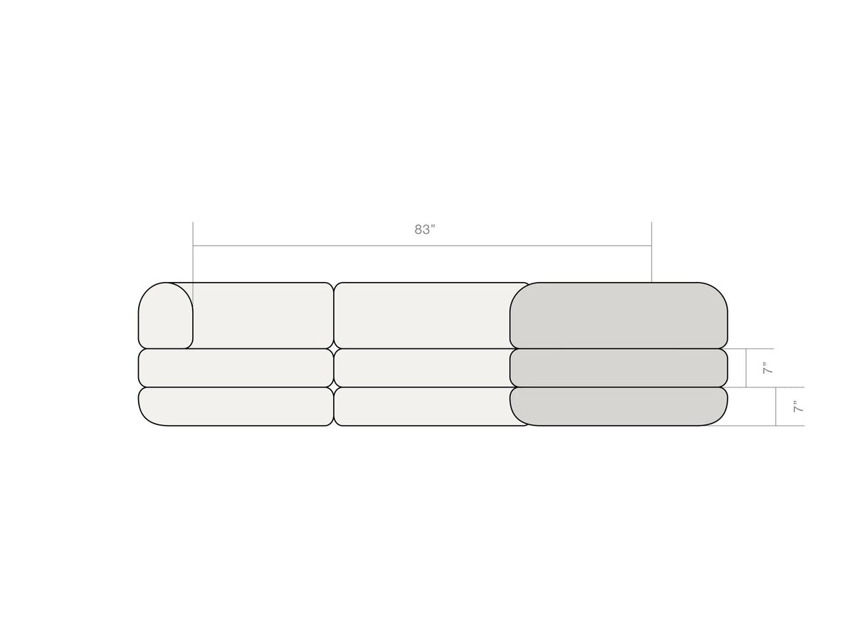 Dimension diagram of the Rezy Flow three-seater sectional, left chaise, front view with seat heights