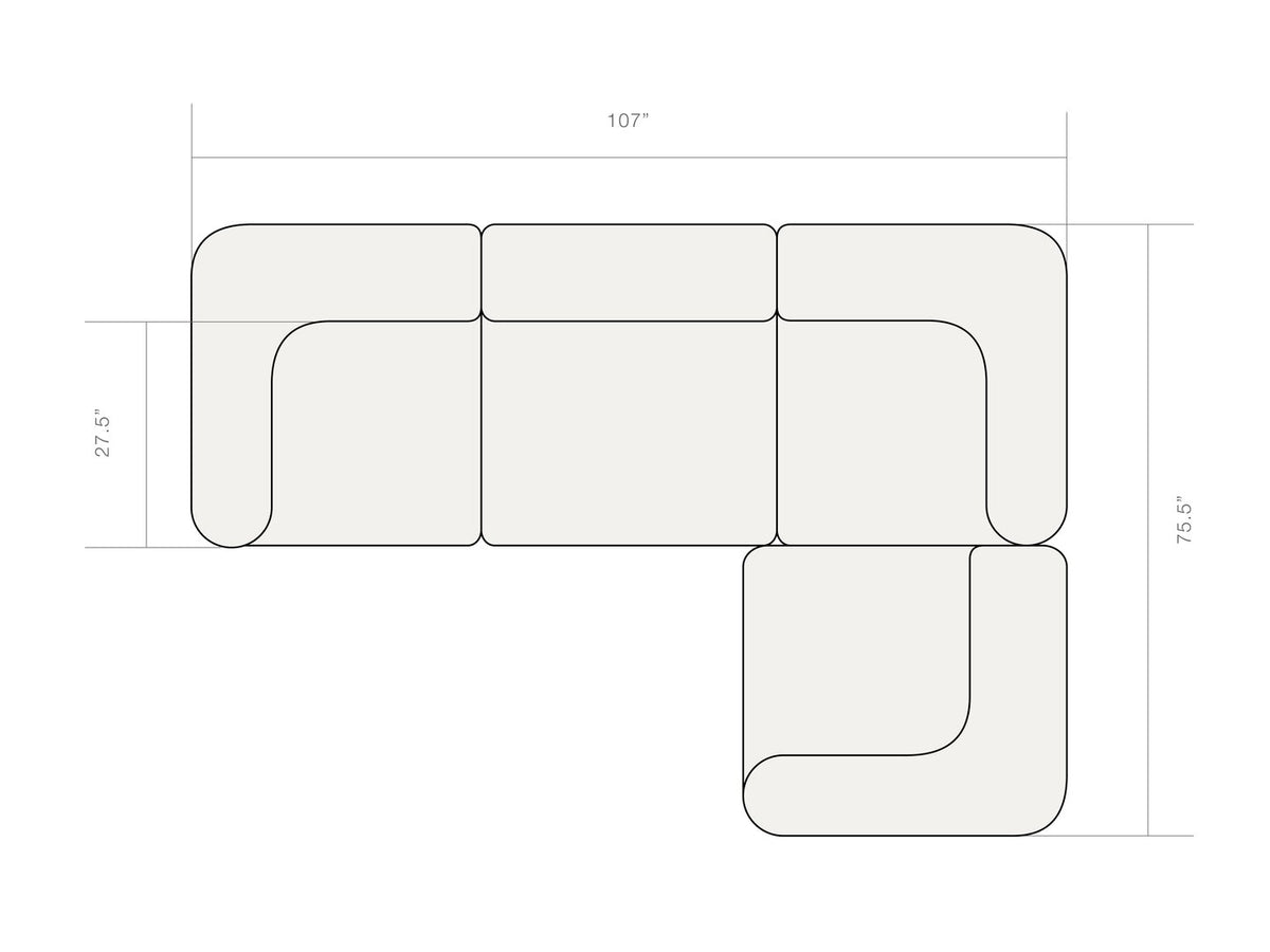Dimension diagram of the Rezy Flow three-seater sectional, left chaise, top view