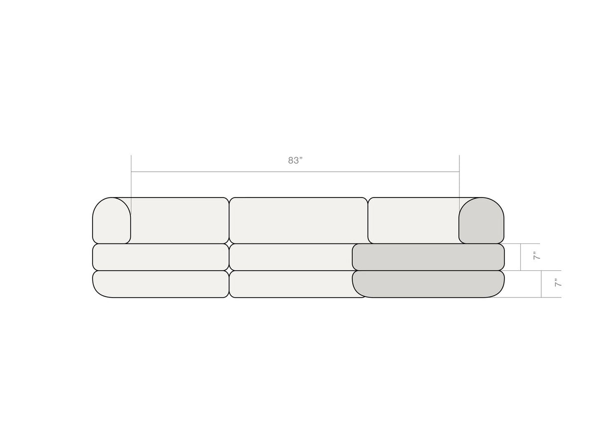 Dimension diagram of the Rezy Flow three-seater sectional, left open chaise, front view with seat heights