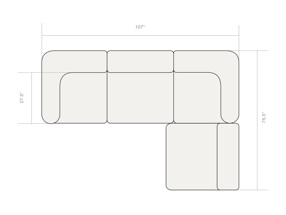 Dimension diagram of the Rezy Flow three-seater sectional, left open chaise, top view