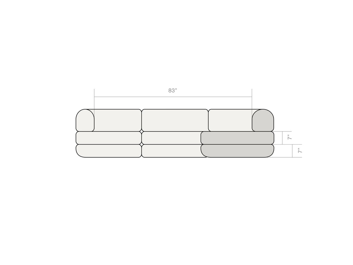 Dimension diagram of the Rezy Flow three-seater sectional, left open double chaise, front view with seat heights