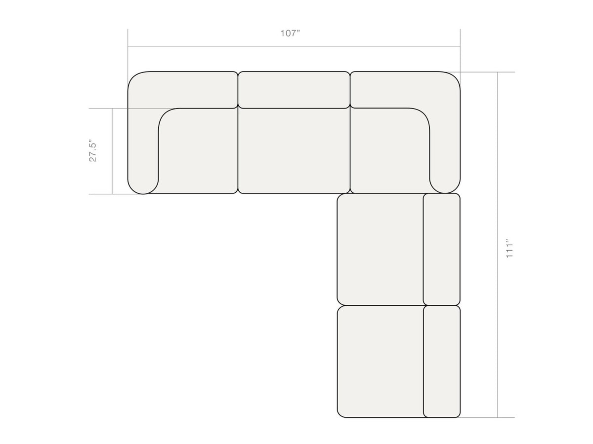 Dimension diagram of the Rezy Flow three-seater sectional, left open double chaise, top view