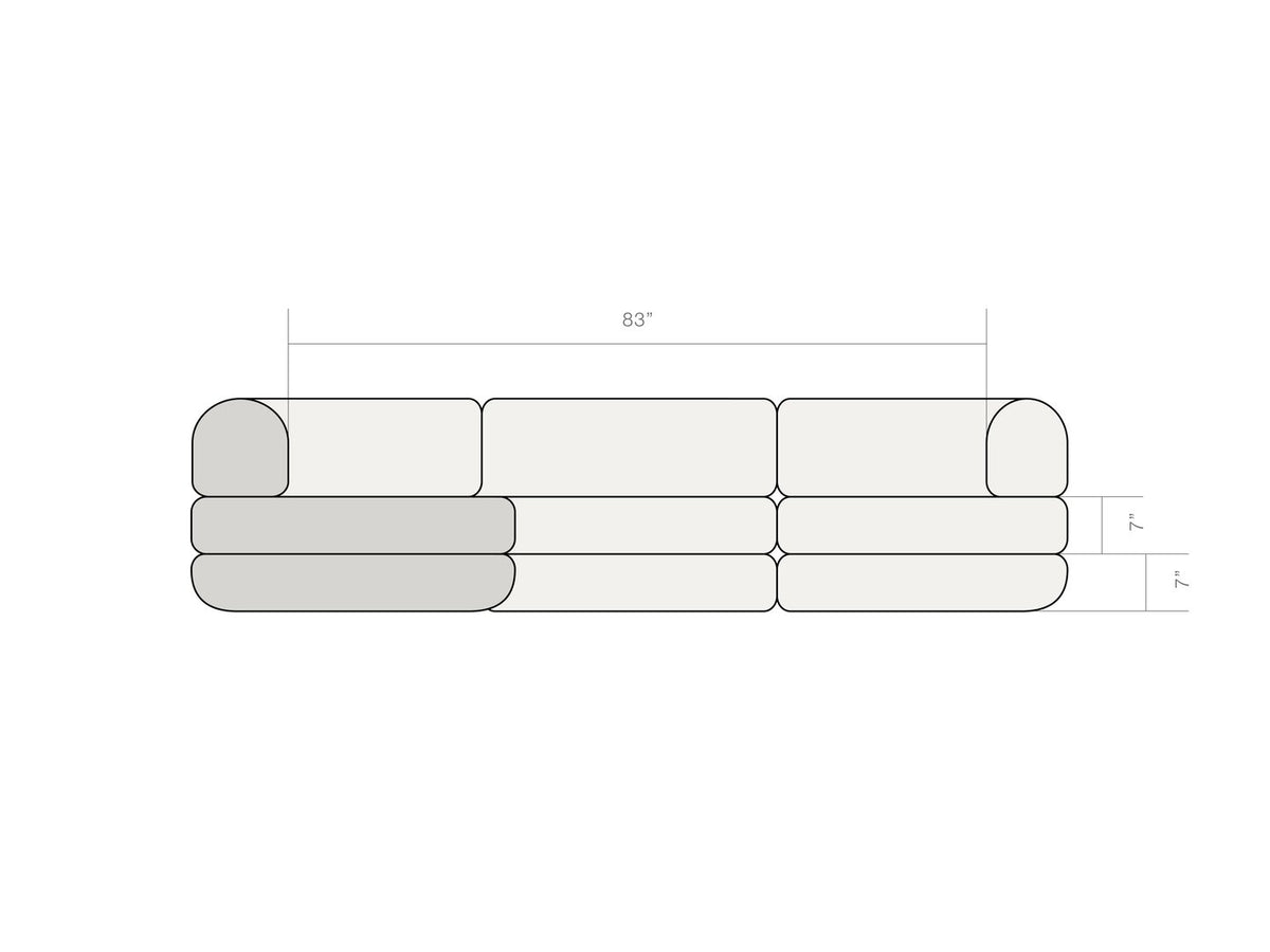 Dimension diagram of the Rezy Flow three-seater sectional, right open chaise, front view with seat heights