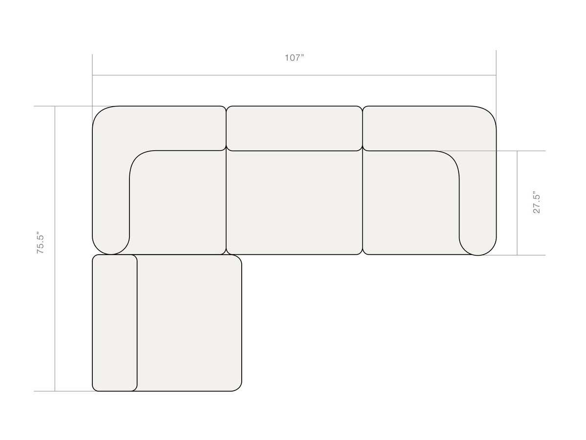 Dimension diagram of the Rezy Flow three-seater sectional, right open chaise, top view