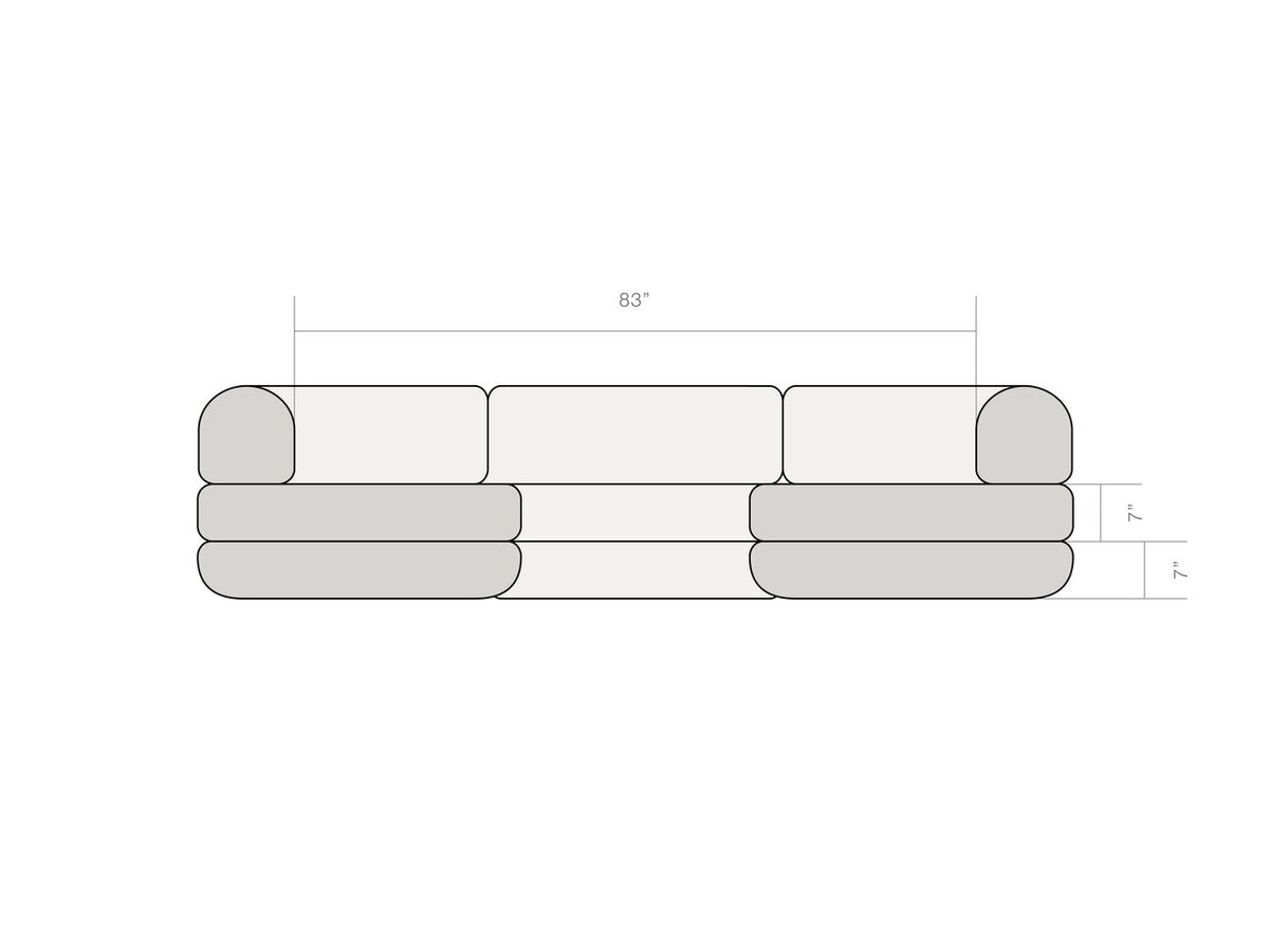 Dimension diagram of the Rezy Flow three-seater sectional, u shape, front view with seat heights