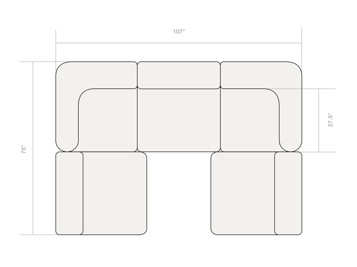 Dimension diagram of the Rezy Flow three-seater sectional, u shape, top view